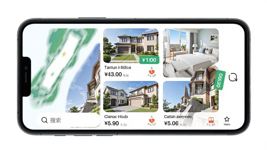 住房宝APP界面预览图,主体是手机屏幕展示住房宝首页,布局清晰展示房源列表和搜索栏,排版简洁现代,风格扁平化,细节包含房源图片和价格标签,画质高清干净,无多余元素