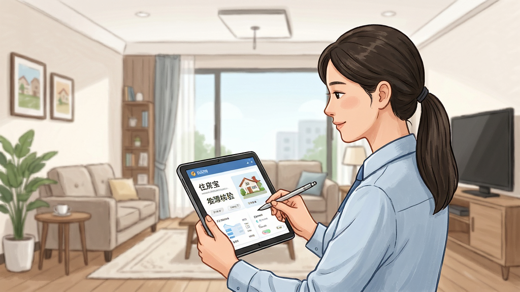 住房宝房源核验场景插画,主体是工作人员手持平板核对房源信息,布局包含室内环境与工作人员,排版协调,风格写实,细节突出真实性,画质清晰干净,无多余元素