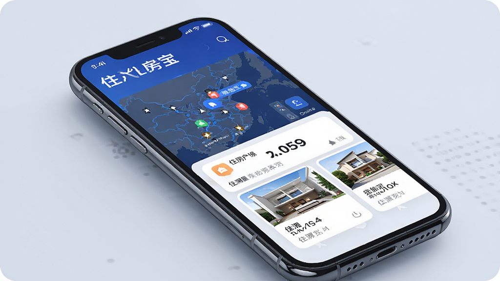 住房宝智能匹配功能示意图,主体是手机界面展示匹配结果,布局有地图和房源卡片,排版现代,风格科技感,细节包含推荐标签,画质高清,无多余元素