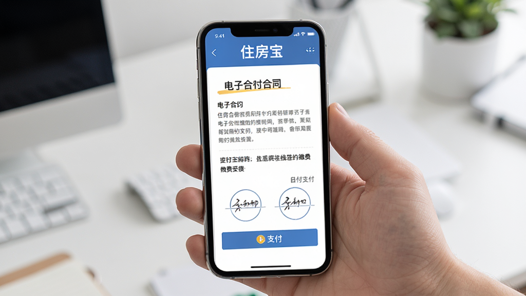 住房宝在线签约缴费界面,主体是手机屏幕显示电子合同和支付页面,布局清晰,排版简洁,风格商务,细节有签名区域和支付按钮,画质干净,无多余元素