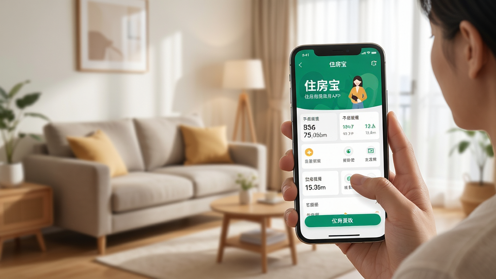 住房宝使用场景示意图,主体是用户手持手机操作住房宝APP,布局包含室内环境和手机界面,排版自然,风格生活化,细节显示APP界面内容,画质清晰,无多余元素