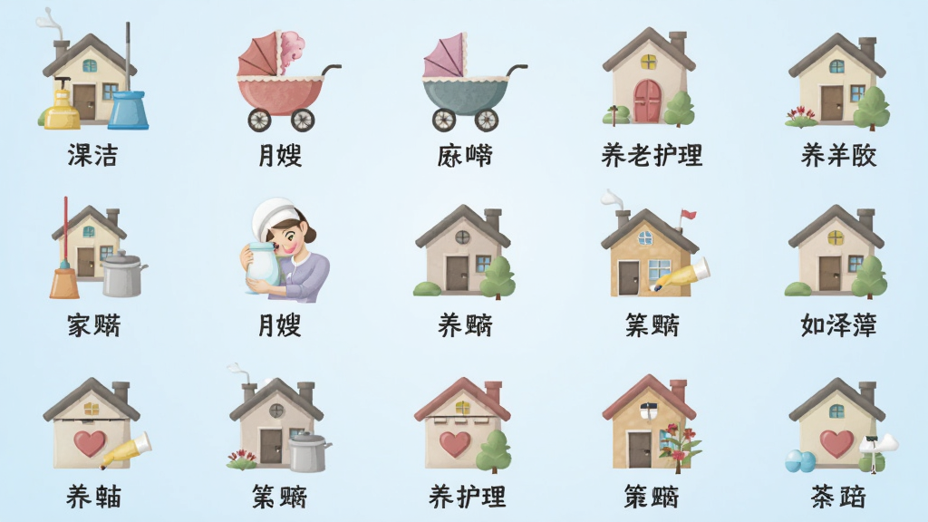 画面主体为一张横向长图,展示不同类型的家政服务图标,如保洁、月嫂、养老护理等,每个图标下标注名称,布局为网格排列,背景为淡蓝色渐变,风格为扁平化图标设计,细节包括图标上的小房子、婴儿车、爱心等元素,画质清晰,色彩柔和,无多余文字