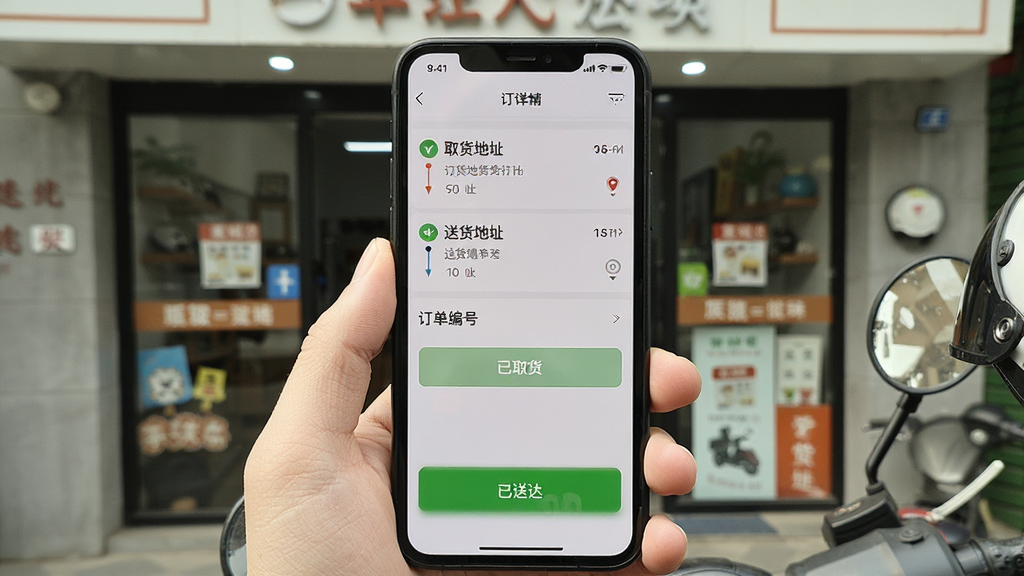 画面主体为骑手手机屏幕展示订单详情页,从上到下依次为取货地址、送货地址、订单编号、状态按钮。布局为竖屏截图样式,手机被手持于画面下方,背景为商铺门口。风格写实,细节突出按键“已取货”“已送达”,画质清晰,无多余元素。