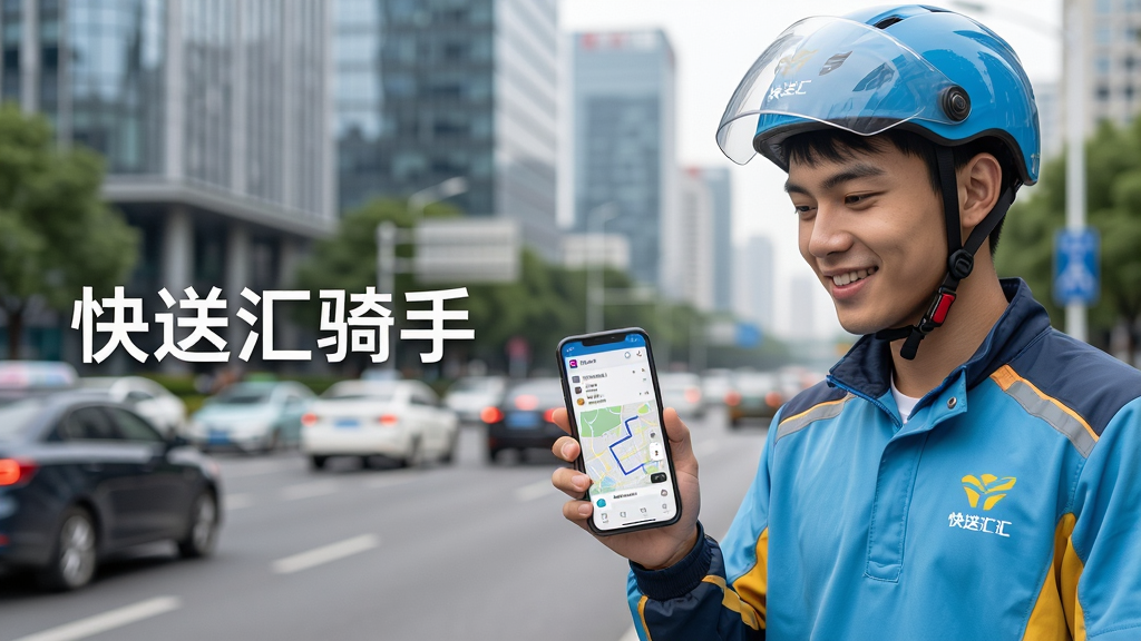 画面主体为一位穿着快送汇骑手工服、戴着安全帽的年轻骑手,面带微笑站在城市街道边,手持手机查看订单。背景是模糊的写字楼与车流,突出人物与手机屏幕。布局采用黄金分割构图,骑手位于右侧三分之一处,左侧留白加入“快送汇骑手”品牌字样。整体风格为写实摄影风,光线明亮自然,细节包括手机屏幕上的订单列表和地图路线,画质高清干净,无多余元素。