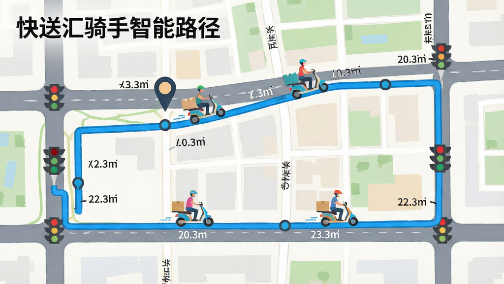 画面主体为城市地图俯视图,一条醒目的蓝色配送路线从取货点连接多个送货点,路线上有骑手电动车图标移动。布局为地图全览,左上角标注“快送汇骑手智能路径”字样。风格为扁平化地图设计,色彩清晰,细节包括道路名称、红绿灯标记与距离提示,画质干净,无多余元素。