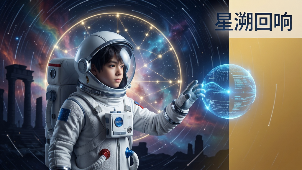 主体:一名身着白色宇航服的年轻角色,站在发光星图前,伸手触碰漂浮的蓝色光球,身后是浩瀚星云与古老遗迹剪影。布局:角色居中偏左,光球位于右侧黄金分割点,背景星轨呈放射状延伸。排版:画面干净,主次分明,留白区域可叠加游戏标题