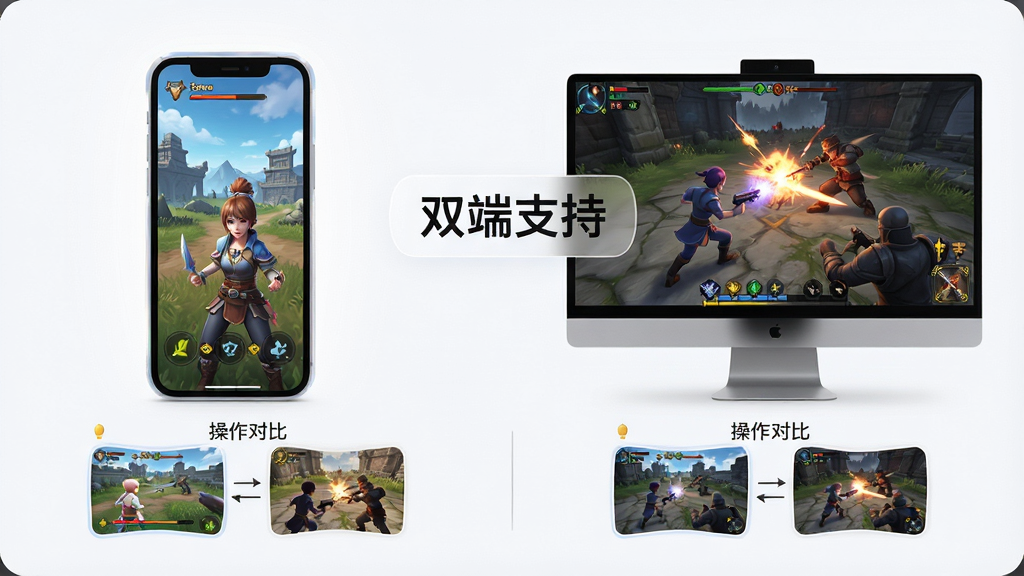 主体:手机与电脑并排展示游戏运行画面,手机屏幕上显示游戏主界面,电脑屏幕显示战斗场景。布局:左右对称,中间有文字标注