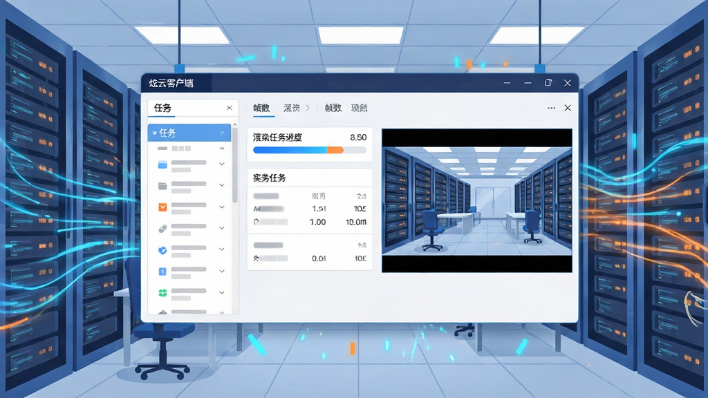 画面主体为炫云客户端软件界面悬浮于现代办公场景之上,背景是高速运转的服务器机房与流动的数据光效,界面内显示渲染任务进度条与帧数统计,布局采用中心对称,左侧任务列表右侧实时预览窗口,风格为科技感扁平插画,细节包括蓝色与橙色高光点缀,画质清晰干净,无多余元素,界面文字标注“炫云客户端”