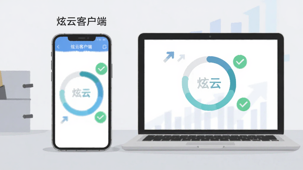图片主体为一部智能手机与一台电脑并排摆放,屏幕中同时显示炫云客户端的任务进度环形图,布局为平视视角,风格为清新扁平化,背景为浅灰色工作台,细节包括数据上升箭头与绿色对勾图标,画质干净明亮,无多余元素,手机屏幕上方标注“炫云客户端”