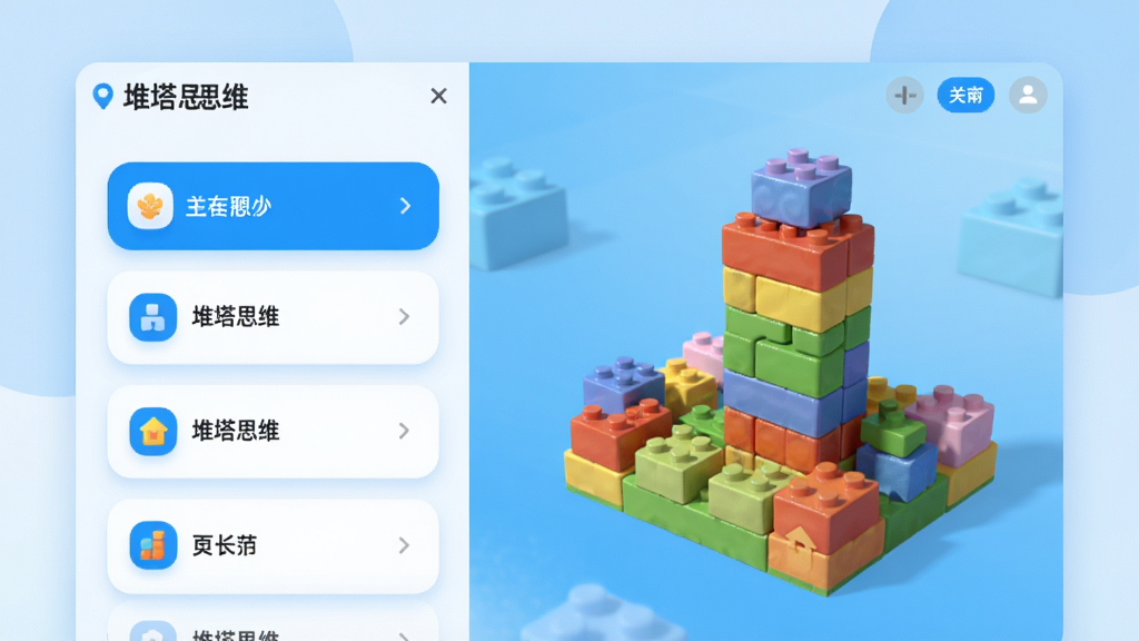 画面中央展示“堆塔思维”软件主界面,左侧为关卡列表,右侧为彩色积木块堆叠的3D场景,界面采用明亮的蓝白配色,圆角卡片设计,背景柔和渐变,整体风格清新简洁,画质细腻,干净无多余元素