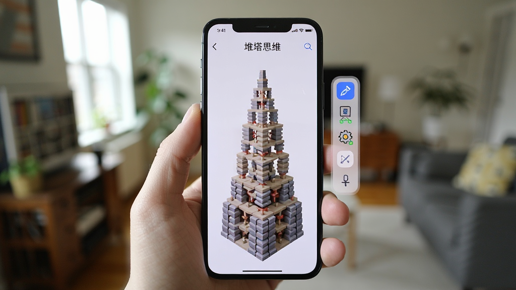 展示“堆塔思维”在手机上的运行界面,屏幕显示一个复杂的塔型结构,旁边有悬浮的工具栏,背景为模糊的室内环境,手机握在手中,画面清晰,构图居中,光线充足,无多余元素