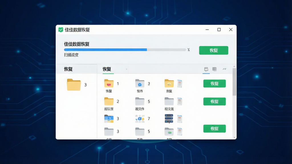 一张现代简约风格的软件宣传图,主体为“佳佳数据恢复”软件界面悬浮在深蓝色科技背景上,界面显示扫描进度条与恢复文件列表,布局居中,排版清晰,扁平化设计,细节包括文件夹图标与绿色恢复按钮,画质高清干净,无多余元素