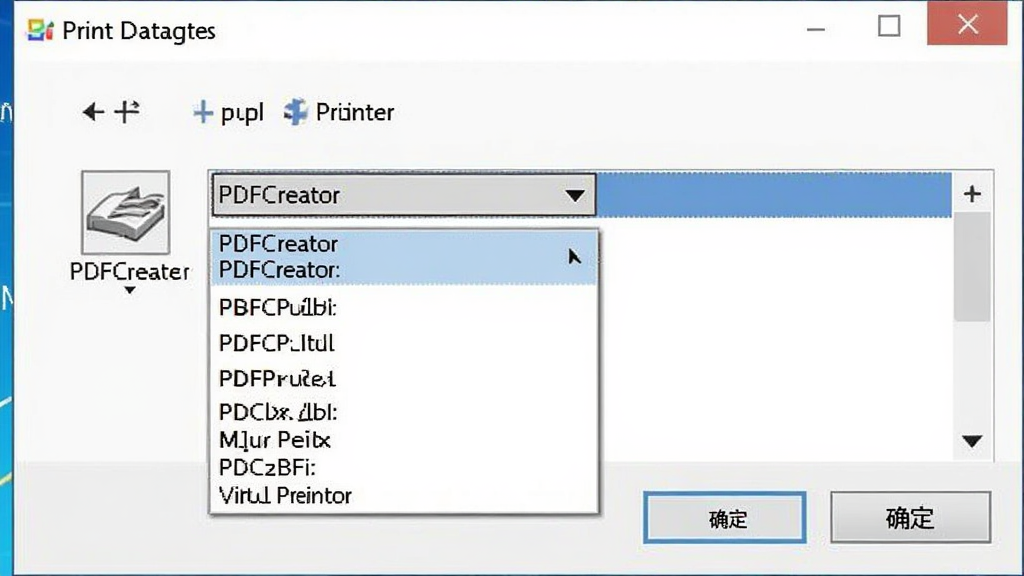 一张展示打印对话框的截图,主体是Windows系统打印窗口,布局清晰,选中“PDFCreator”虚拟打印机,风格写实,细节突出打印机下拉菜单和“确定”按钮,画质清晰干净,无多余元素