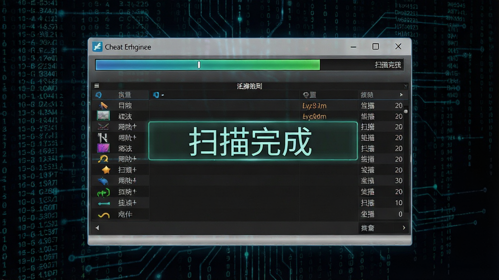 չʾCheat Engine�����ڴ�ɨ��ʱ�Ķ�̬���棬����Ϊ��ɫ��������������ʾɨ������������б���������ʾ