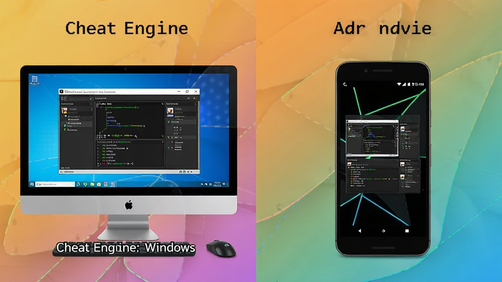 չʾCheat Engine��Windows�Ͱ�׿�豸�����еĶԱ�ͼ������ǵ�����Ļ���ұ����ֻ���Ļ�����߶���ʾCE���棬����Ϊ����ɫ���������ִ��������������ɾ��޶���Ԫ��