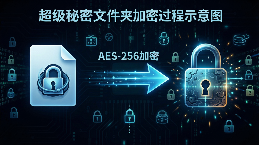 主体:超级秘密文件夹加密过程示意图,显示文件被锁定的动态效果,背景有数据流与密码学符号。布局:左侧为原始文件图标,右侧为加密后的锁形文件,中间箭头连接。排版:流程清晰,标注“AES-256加密”字样,背景为深色科技风。风格:数字艺术,高对比度,细节丰富。画质:超清,干净,无多余元素。