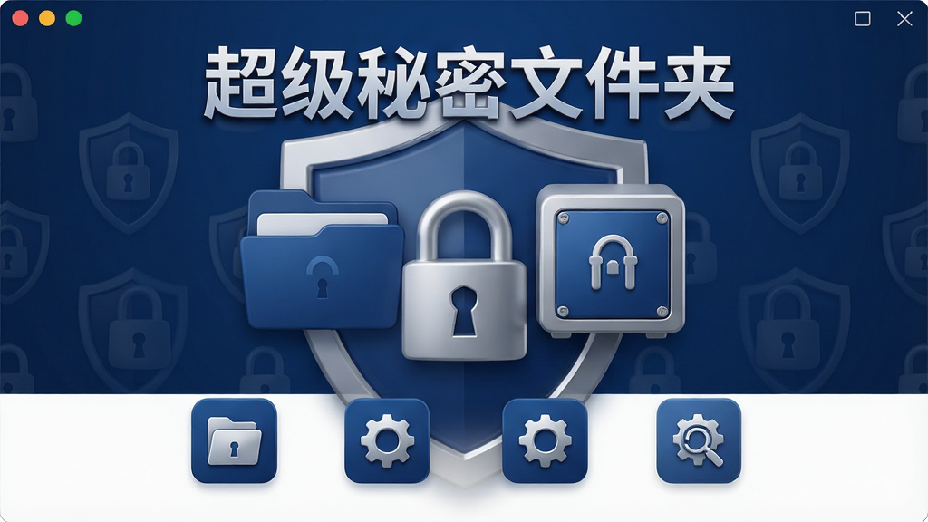 主体:超级秘密文件夹软件主界面,展示加密文件夹与隐私保险箱图标,背景带有盾牌与锁形图案,寓意安全防护。布局:界面居中,四周留白,上方为软件名称“超级秘密文件夹”艺术字,下方分布功能图标。排版:简洁清晰,图标排列整齐,色彩以深蓝与银色为主,体现科技感与信赖感。风格:写实3D渲染,光影柔和,细节丰富。画质:超高清,干净,无多余元素。
