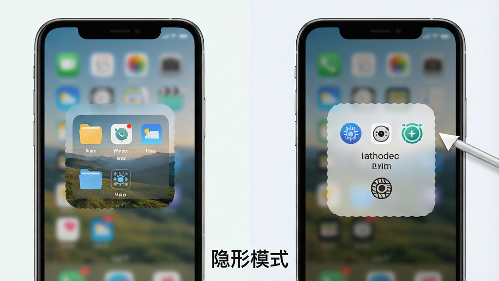 主体:超级秘密文件夹的隐形空间展示,手机屏幕内显示伪装成风景照片的加密文件夹,点击后展开为加密界面。布局:手机居中,屏幕显示对比效果,左侧为伪装状态,右侧为解密后状态。排版:左右对照,下方有“隐形模式”文字说明。风格:清新简约,浅色背景,手机模型逼真。画质:高清,干净,无多余元素。