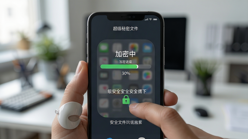 主体:用户正在手机上操作超级秘密文件夹,界面显示加密进度条与安全提示。布局:手机屏幕特写,背景为模糊的办公环境,突出操作场景。排版:手机屏幕居中,界面清晰显示“加密中”与百分比进度。风格:写实摄影风格,自然光线,细节丰富。画质:高清,干净,无多余元素。