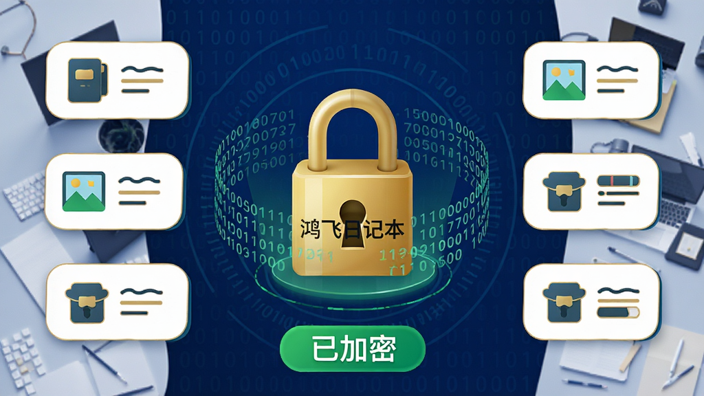 主体:鸿飞日记本的安全加密功能示意,画面中央有一把金色锁头,锁头周围环绕着数字代码和加密字符。布局:锁头居中,四周分布着圆角矩形图标,分别代表日记、图片、标签等数据。排版:图标均匀排列,底部有“已加密”绿色徽章。风格:科技感插画,深蓝色背景,金色与绿色点缀,线条流畅。细节:锁头上有“鸿飞日记本”字样,背景中隐约可见二进制代码。画质:高分辨率,干净,无多余元素。