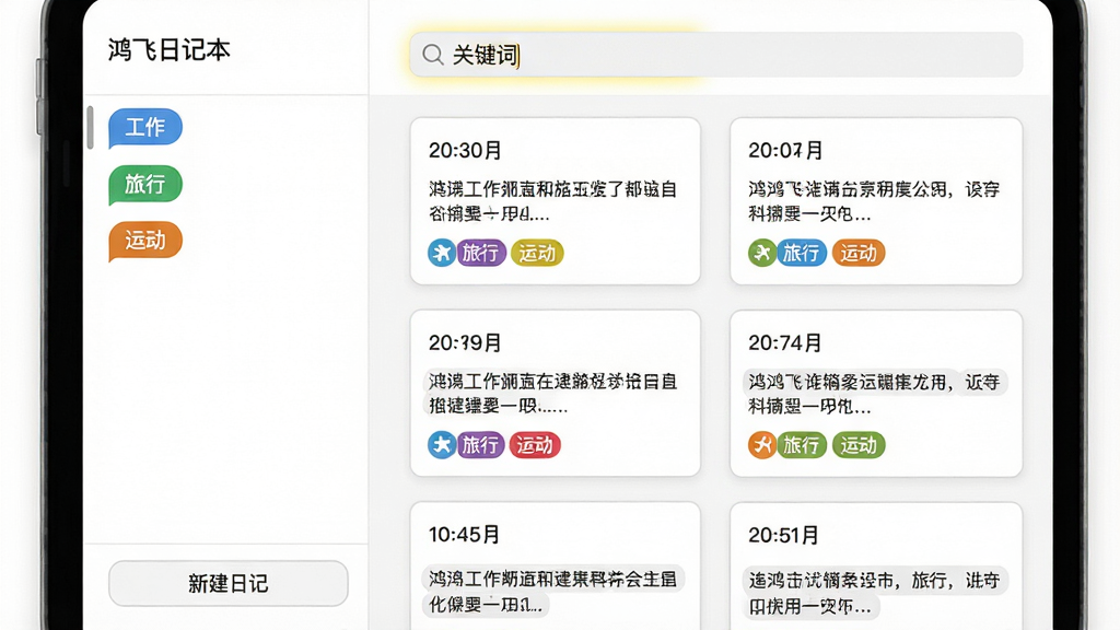 主体:鸿飞日记本的分类管理界面,左侧是标签列表,右侧是日记卡片瀑布流。布局:左右分栏,标签列表有“工作”、“旅行”、“运动”等彩色标签,右侧卡片按时间倒序排列。排版:卡片整齐,每张卡片显示日期、摘要和标签。风格:简约商务风格,白色背景,卡片带浅灰色边框,标签用不同颜色区分。细节:顶部搜索栏高亮显示“关键词”,底部有“新建日记”按钮。画质:清晰细腻,干净,无多余元素。
