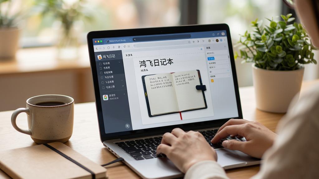 主体:用户正在使用鸿飞日记本进行记录的实拍场景,画面中有一台笔记本电脑,屏幕显示日记编辑页面。布局:笔记本居中,周围有咖啡杯、笔记本和绿植。排版:自然生活化,光线柔和。风格:写实摄影风格,暖色调,虚化背景。细节:屏幕中可以看到“鸿飞日记本”界面,键盘上的手指正在打字。画质:超清,干净,无多余元素。