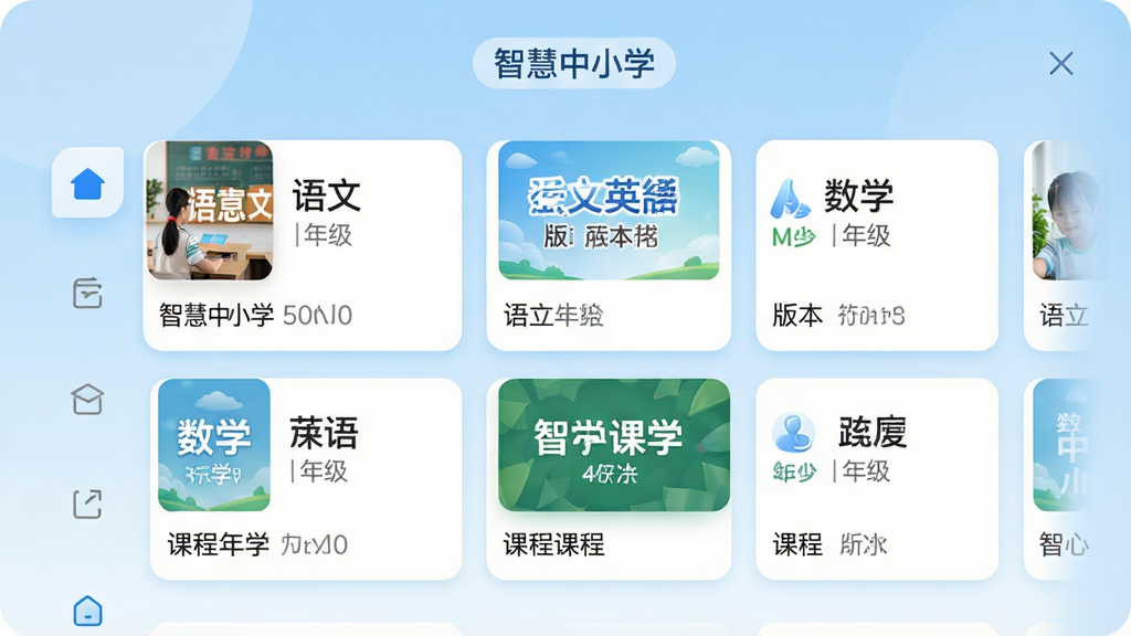 主体:智慧中小学APP的课程列表界面,屏幕上展示语文、数学、英语等学科课程卡片。布局:左右滑动式卡片布局,每个卡片显示课程名称、年级、版本信息。排版:卡片整齐排列,主次分明,重点突出。风格:现代简约教育风格,背景为浅蓝色渐变。细节:课程封面图清晰,文字标签“智慧中小学”出现在顶部导航栏。画质:高清细腻,色彩舒适,无多余元素。