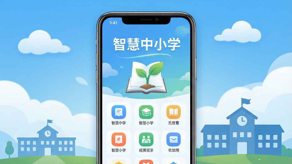 主体:智慧中小学APP的开屏界面,展示“智慧中小学”字样与书本、树苗图标,背景为蓝天白云与学校剪影。布局:居中构图,APP界面元素悬浮于自然背景之上。排版:界面框架比例协调,主要功能模块图标清晰排列。风格:扁平化设计,色彩明快清新,教育科技感。细节:画面干净,光影柔和,突出“智慧”与“成长”主题。画质:4K高清,渲染细腻,无多余元素。