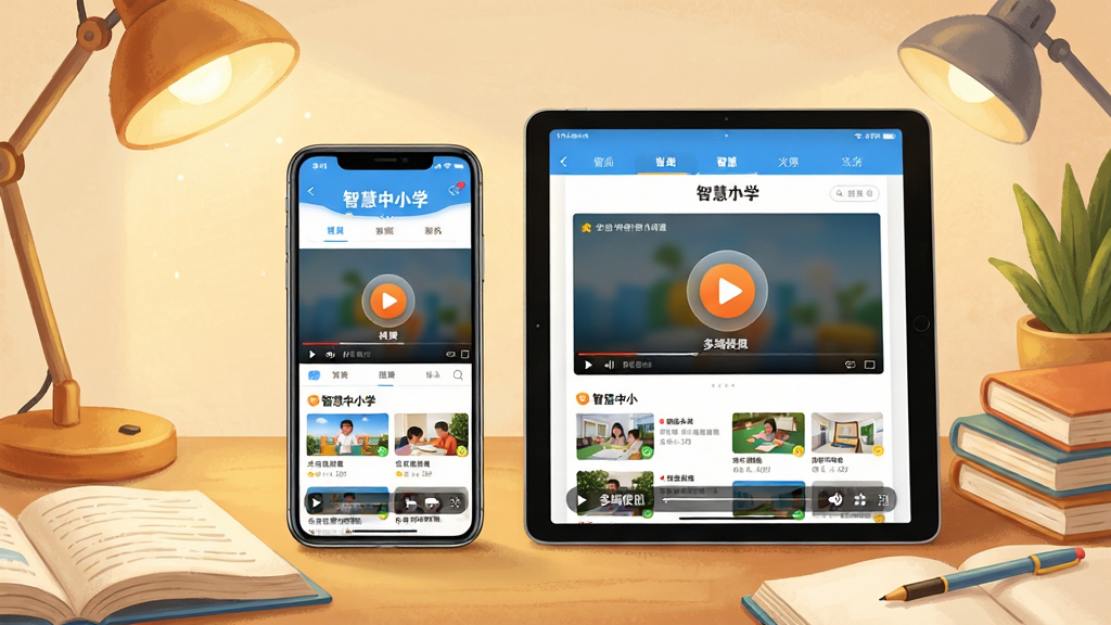 主体:一部智能手机和平板电脑并排展示,屏幕中打开智慧中小学APP的视频播放页面。布局:设备居中,周围有书本、台灯等学习元素点缀。排版:画面平衡,突出“多端使用”的特点。风格:写实与插画结合,色彩温馨明亮。细节:屏幕中显示“智慧中小学”界面,有播放按钮和课程列表。画质:超清渲染,细节丰富,无多余元素。