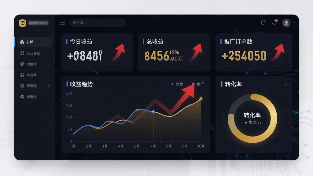 右豹APP数据看板功能预览,主体为深色模式界面设计,中央展示今日收益、总收益、推广订单数等核心数据卡片,布局以仪表盘形式呈现,包含趋势折线图和转化率环形图,风格商务科技感,排版数据层级分明,细节突出红色上涨箭头和金色收益数字,画质锐利,干净,无多余元素