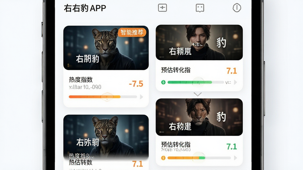 右豹APP智能选剧界面预览图,主体为手机APP截图风格展示,布局为列表与卡片混合排列,每部短剧卡片清晰显示封面、剧名和预估转化指数,排版采用两列瀑布流设计,风格清新明亮,细节突出“智能推荐”标签和热度值进度条,强调数据可视化,画质精细,干净,无多余元素