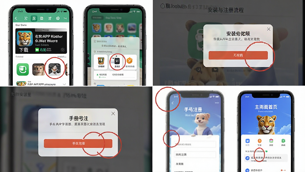 右豹APP安装与注册流程步骤图,主体为手机截图拼贴组合,包含应用商店下载页、安装权限弹窗页、手机号注册页和主界面首页,布局采用四宫格排列顺序从左到右阅读,风格为图文教程风格,细节用红色圆圈标注关键操作按钮,画质清晰,干净,无多余元素