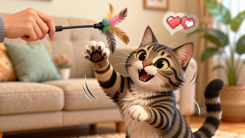 画面主体为一位玩家的手正用逗猫棒逗弄一只活泼的虎斑猫,猫咪后脚站立伸手扑向逗猫棒,表情兴奋。布局采用平视视角,右上方悬浮显示爱心形状的亲密度图标。排版简洁,背景为温馨的室内客厅,沙发与绿植虚化。风格为清新卡通渲染,色彩明快。细节捕捉猫咪动态瞬间,毛发飘动自然,画质高清干净,无多余元素。
