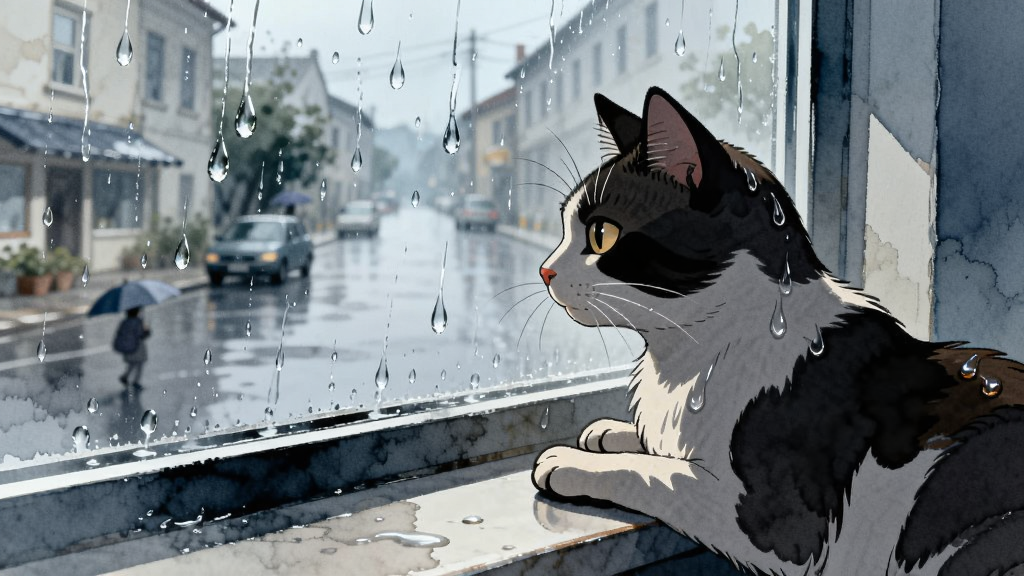 一只奶牛猫趴在窗台上,窗外是细雨绵绵的街道,雨滴在玻璃上留下水痕。布局以窗台为中心,猫咪侧脸望向窗外。排版采用经典三分法,前景为猫咪剪影,背景为模糊的街景。风格为水彩手绘风,色调偏冷蓝灰。细节描绘雨滴与猫咪毛发的湿润感,画质通透干净,无多余元素。