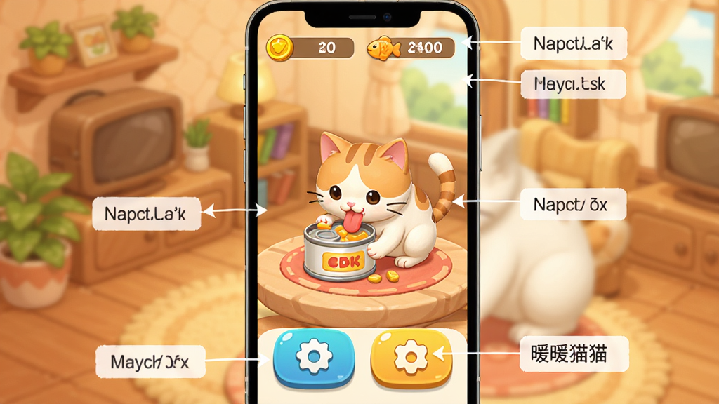 手机屏幕显示暖暖猫猫游戏主界面,界面顶部有金币和鱼干数量,中央是一只正在吃罐头的猫,下方为功能按钮。布局为竖屏截图样式,背景是游戏内温馨房间。排版整洁,按钮图标清晰。风格为UI界面展示,色彩明亮。细节标注主要功能区域,画质清晰干净,无多余元素。