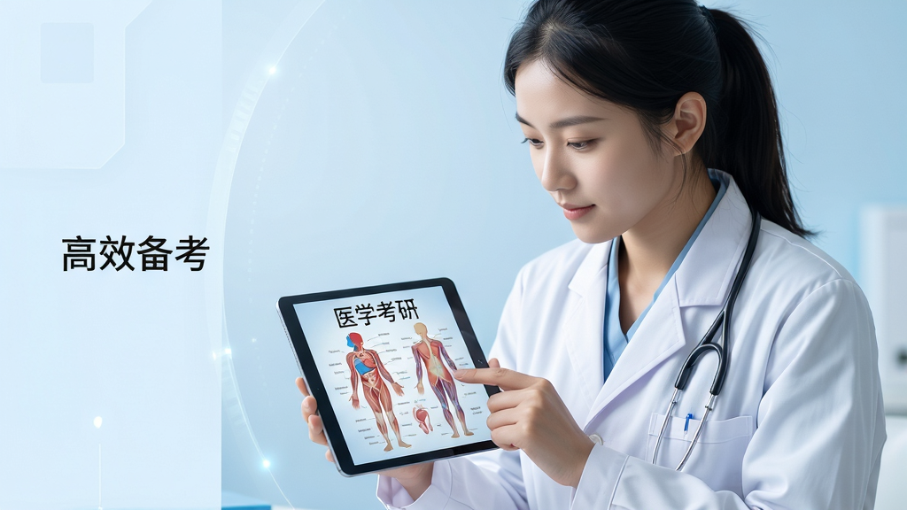 主体为一位身着白大褂的医学生正专注地使用平板电脑学习医学课程,平板屏幕上清晰显示