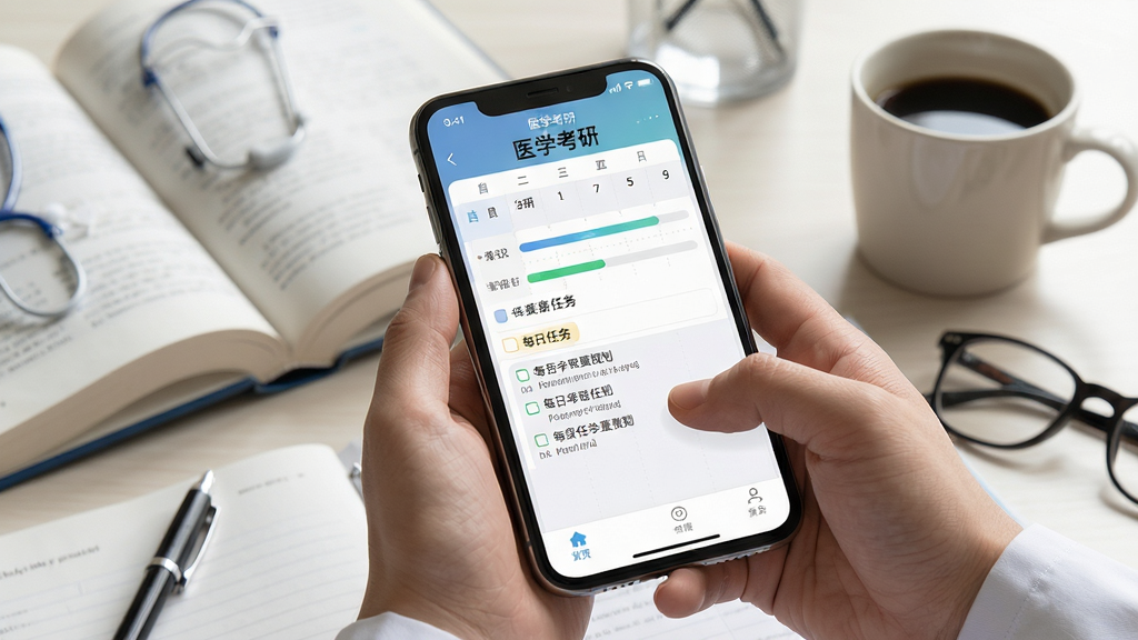 场景为一位医学生使用手机APP查看学习计划,手机屏幕显示