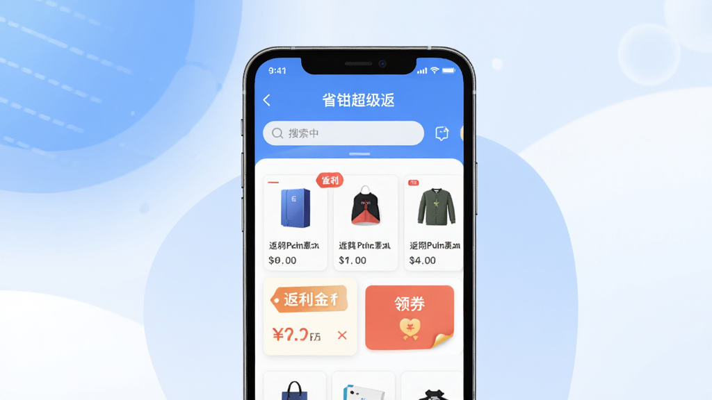 一幅展示省钳超级返手机应用界面的高清数字插画,主体为一部大屏智能手机,屏幕中央显示“省钳超级返”APP主界面,界面包含搜索栏、商品卡片、返利金额标签与领券按钮,布局清晰有序;背景采用柔和的渐变蓝色与白色相间,营造清爽可信赖的科技感;整体风格扁平化,细节丰富,画质干净无多余元素。