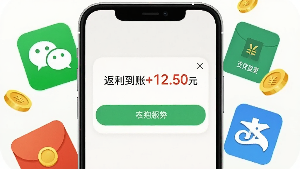 一幅表现省钳超级返返利到账场景的插画,主体为一部手机,屏幕显示“返利到账+12.50元”的弹窗,背景有微信和支付宝的收款图标,周围点缀金币和红包元素,风格明快活泼,色调明亮,画质干净无多余元素。