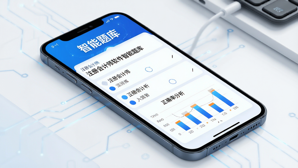 主体:注册会计师软件智能题库功能预览,手机屏幕显示题目和答案解析。布局:手机斜放,屏幕上方有“智能题库”标题,下方有题目和选项。排版:清晰有序,重点突出。风格:科技感,蓝色调。细节:屏幕内容需包含“注册会计师”标识和“正确率分析”图表。画质:高清,干净,无多余元素。