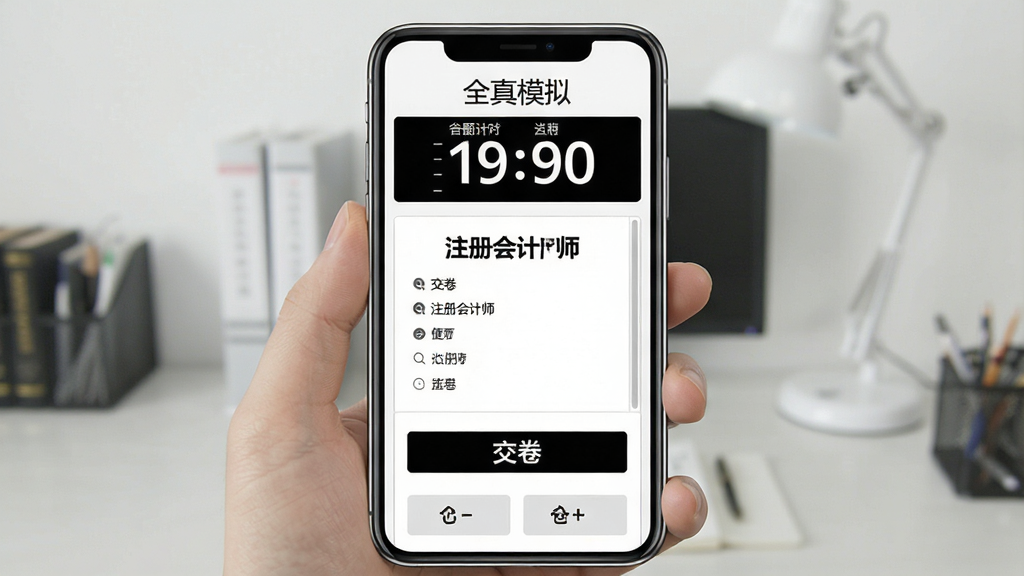 主体:注册会计师软件模拟考试界面,手机屏幕显示考试倒计时和答题卡。布局:手机竖屏,上方显示“全真模拟”和倒计时,下方为答题卡。排版:简洁直观,功能按钮清晰。风格:正式考试风格,白底黑字。细节:屏幕内容需有“注册会计师”字样和“交卷”按钮。画质:高清,干净,无多余元素。