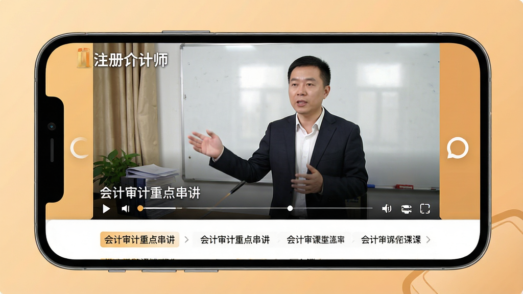 主体:注册会计师软件视频课程播放页面,手机屏幕显示老师讲课画面。布局:手机横屏,视频占据大部分屏幕,下方有课程列表。排版:视频清晰,列表简洁。风格:教育风格,暖色调。细节:屏幕左上角需有“注册会计师”水印,课程标题为“会计审计重点串讲”。画质:高清,干净,无多余元素。