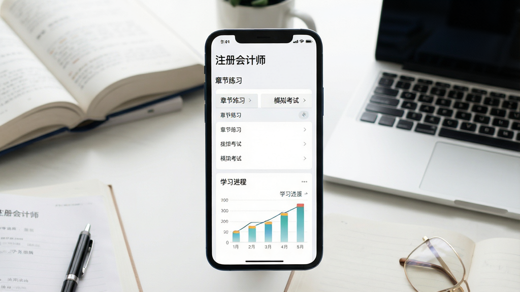 主体:注册会计师软件界面展示,手机屏幕显示题库列表和学习进度图表。布局:手机居中,屏幕内容清晰可见,周围有书本、笔记本电脑等学习元素点缀。排版:现代简约,信息层次分明。风格:真实摄影风格,光线柔和。细节:屏幕内容需显示“注册会计师”字样及“章节练习”、“模拟考试”等界面元素。画质:高清,干净,无多余元素。