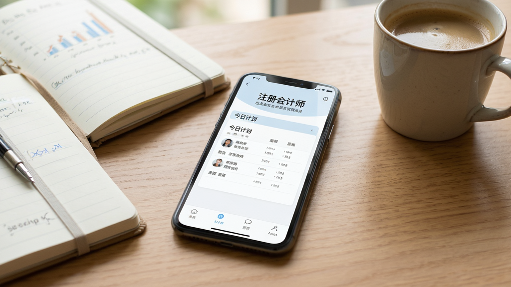 主体:注册会计师软件在手机上运行的实拍场景,手机放在桌上,屏幕显示学习计划页面。布局:手机正放,周围有笔记本和咖啡杯。排版:自然生活化。风格:写实风格,光线明亮。细节:屏幕需显示“注册会计师”和“今日计划”字样。画质:高清,干净,无多余元素。