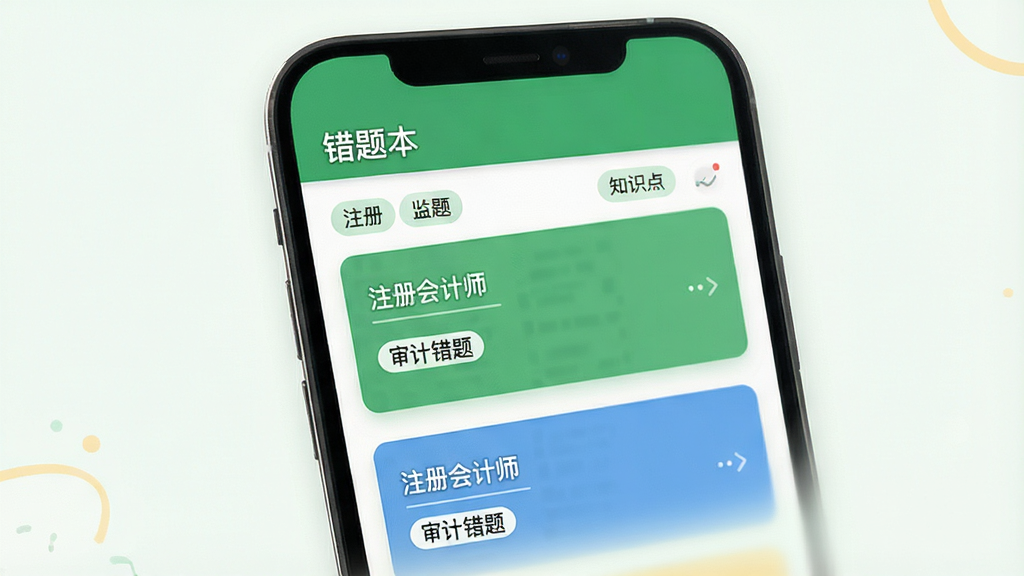 主体:注册会计师软件错题本界面,手机屏幕显示错题列表和知识点标签。布局:手机竖屏,上方有“错题本”标题,下方为错题卡片。排版:卡片式布局,色彩区分。风格:简约清新,绿色调。细节:卡片上需显示“注册会计师”和“审计错题”字样。画质:高清,干净,无多余元素。