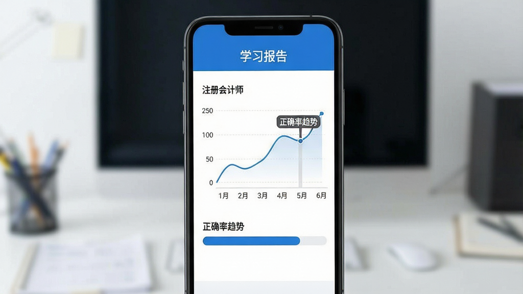 主体:注册会计师软件学习统计界面,手机屏幕显示折线图和进度条。布局:手机竖屏,上方有“学习报告”标题,下方为数据图表。排版:数据可视化,视觉友好。风格:商务简约,蓝白配色。细节:图表中需有“注册会计师”和“正确率趋势”字样。画质:高清,干净,无多余元素。