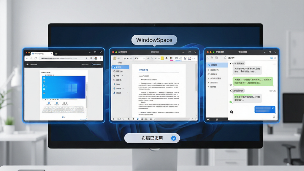 主体:WindowSpace 软件的智能布局功能演示,三款不同应用窗口(浏览器、文档、聊天)自动排列在屏幕上。布局:左中右三个窗口均分屏幕,每个窗口边缘有蓝色高亮边框。排版:窗口之间无重叠,边缘对齐,底部有悬浮工具栏显示“布局已应用”。风格:写实风格,屏幕为高清显示器,背景为淡灰色办公室环境。细节:每个窗口标题栏显示对应应用名称,中央窗口上方有“WindowSpace”浮动标签。画质:细腻光影,干净无多余元素。