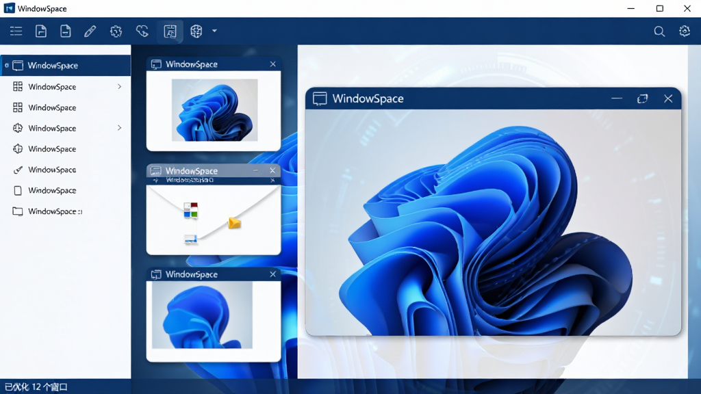 主体:WindowSpace 软件主界面,显示多个窗口整齐排列在桌面上,背景为抽象蓝色科技感光效。布局:左侧为窗口列表,右侧为预览大图,顶部有工具栏按钮。排版:界面简洁清晰,功能图标线性风格,窗口缩略图带圆角阴影。风格:现代扁平化设计,色彩以深蓝和白色为主,强调专业与效率。细节:每个窗口缩略图上方有“WindowSpace”字样,底部状态栏显示“已优化 12 个窗口”。画质:高清渲染,干净无多余元素。