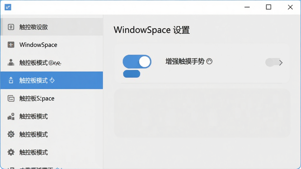 主体:WindowSpace 软件设置界面,展示“触控板模式”选项。布局:设置窗口居中,左侧为功能列表,右侧为参数面板。排版:面板顶部有“WindowSpace 设置”标题,下方有开关按钮。风格:简约扁平化,背景为浅灰色,按钮为蓝色。细节:触控板模式开关处于开启状态,右侧有说明文字“增强触摸手势”。画质:清晰干净,无多余元素。