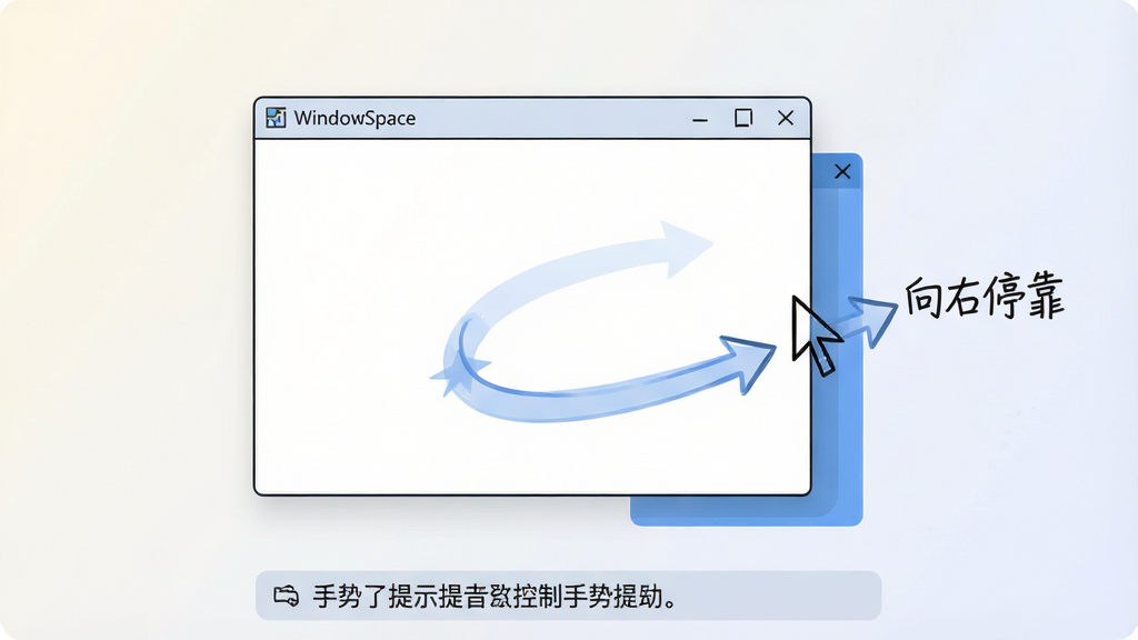 主体:WindowSpace 鼠标手势控制界面,手绘轨迹示意。布局:屏幕中央显示一个窗口,鼠标箭头画出一条向右的轨迹,窗口右侧出现蓝色停靠阴影。排版:轨迹线为半透明蓝色,带方向箭头,界面底部有手势提示条。风格:简洁矢量插画风格,背景为浅色渐变。细节:窗口左上角有“WindowSpace”标识,手势轨迹旁标注“向右停靠”。画质:清晰线条,干净无多余元素。